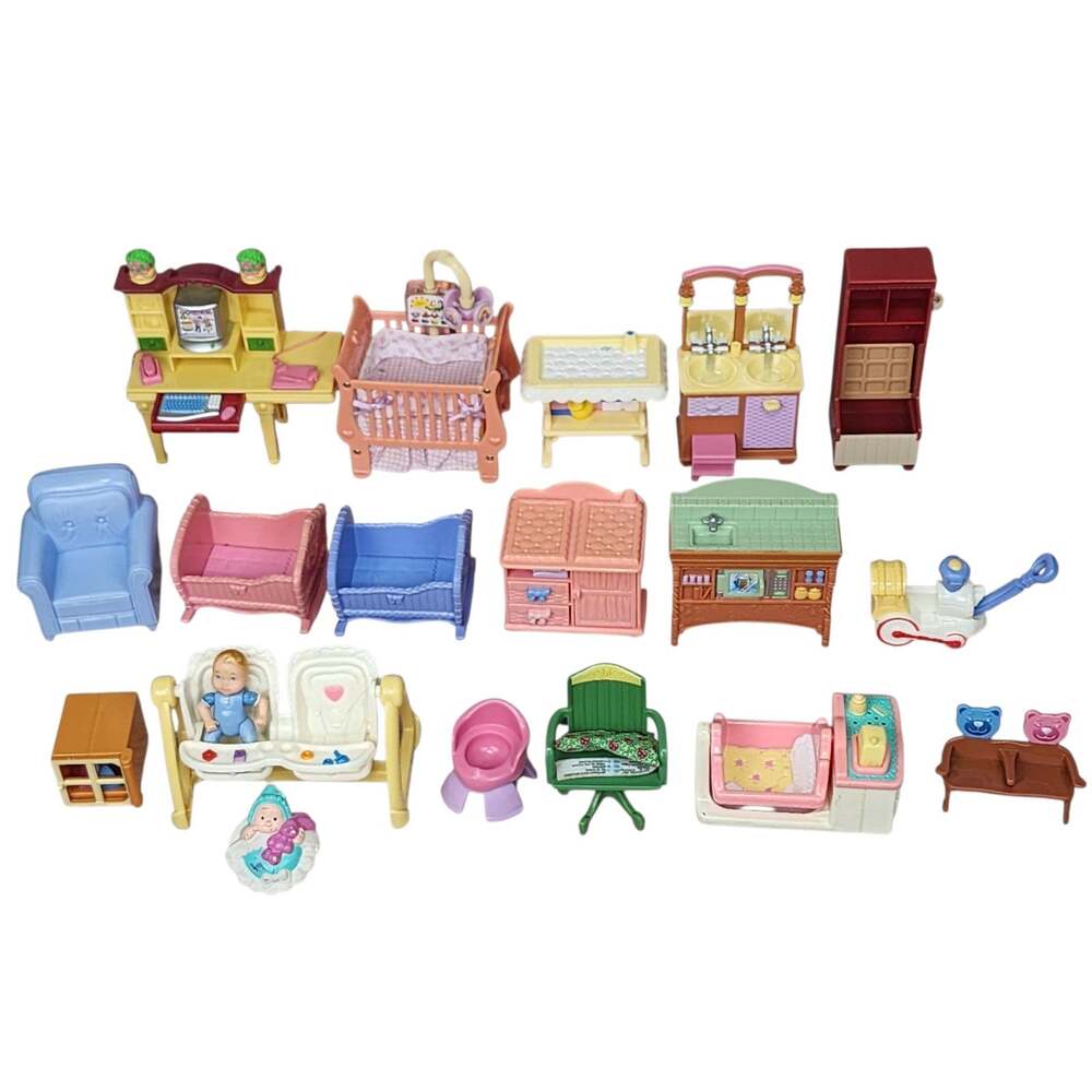 Fisher Price Loving Family Dollhouse Accessories Crib Vanity Chairs Lot Of 19